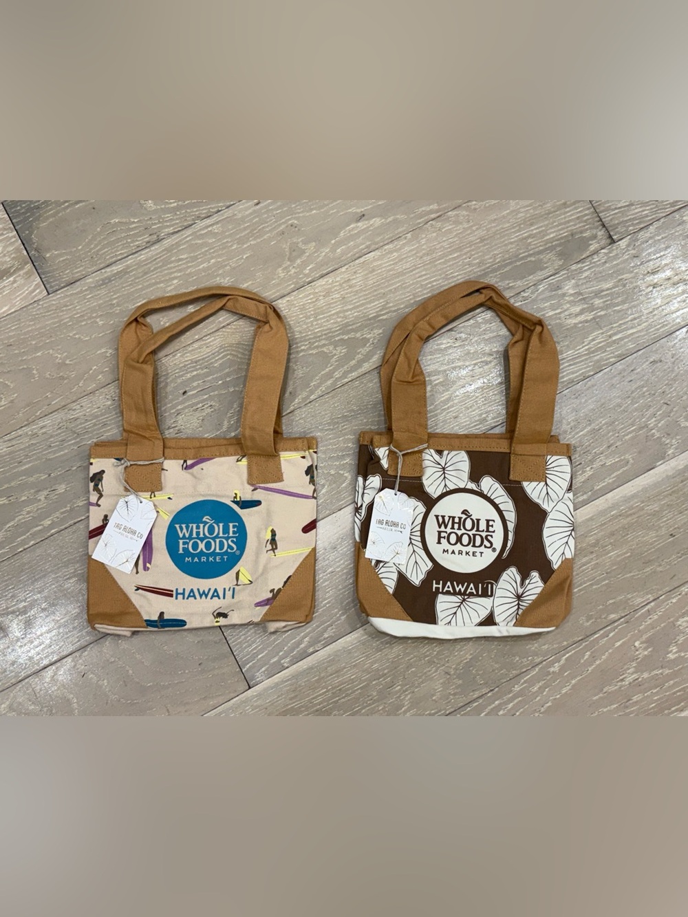 2 Whole Foods Market Hawaii Canvas mini Tote shop Bag surfer print / kalo print